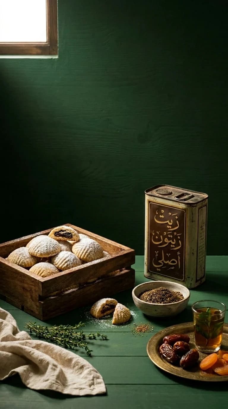 Orientalische Lebensmittel — Maamoul, Datteln, Tee, Olivenöl